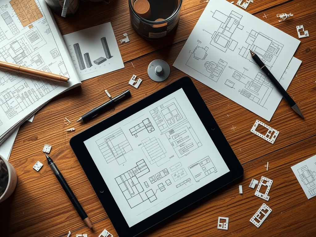 A wooden table with scattered design sketches, a stylus, and a tablet showing wireframes, soft overhead light, 8k photorealistic, creative mess aesthetic